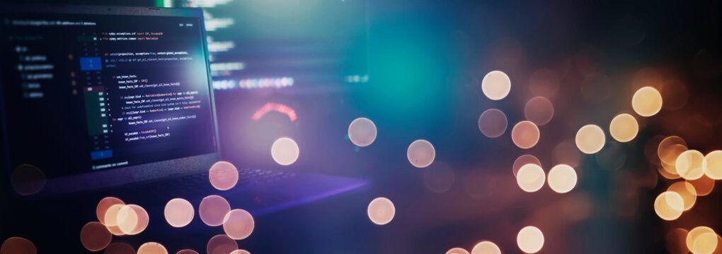 IT specialist workplace. Computer code data. Project managers work