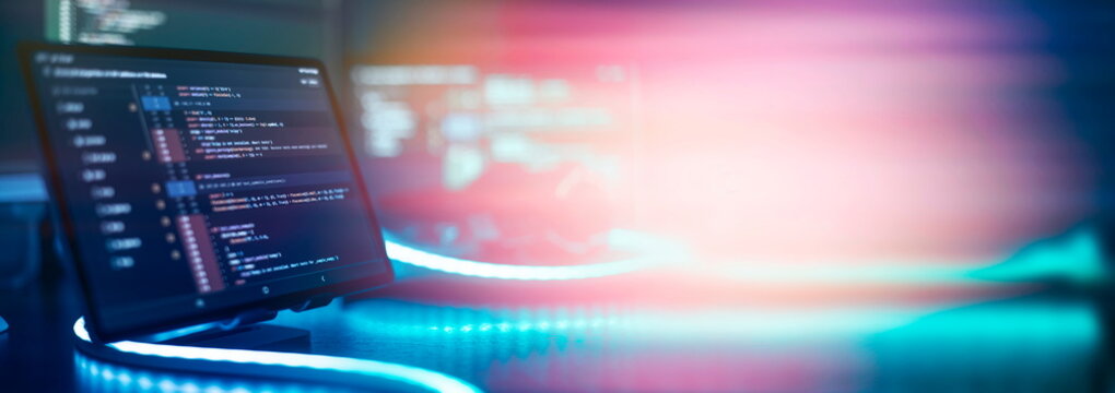 Monitor closeup of function source code. Abstract IT technology background. Software source code.
