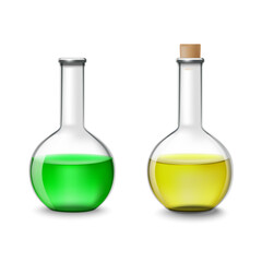 chemical Glass flasks with color liquid inside on transparent background