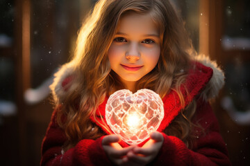 Young girl holding winter snow globe with sparkling hearts