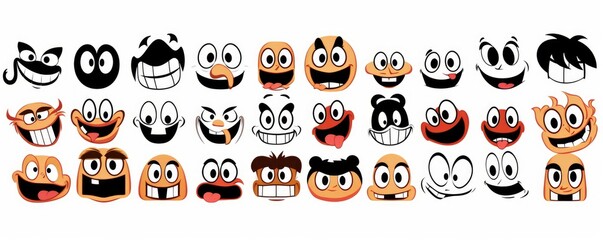 Retro 30s cartoon mascot characters funny faces. 50s, 60s old animation eyes and mouths elements. Vintage comic smile for logo  set, Generative AI