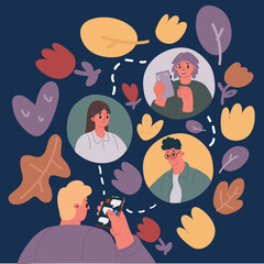 Cartoon vector illustration of man sand message to friends