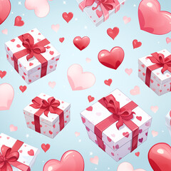 Festive background with hearts and gift boxes on white background with space for text. Minimalism. Holiday. Love. Valentine's Day. Place for copying.