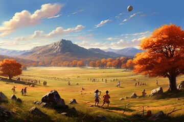A sun-drenched scene of a family playing a friendly game of touch football in a grassy field on Thanksgiving afternoon - obrazy, fototapety, plakaty