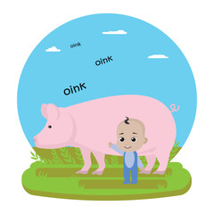 Pig says oink. Baby and pig. Farm animals study for babies. Education material. Speech therapy cards. flashcard.