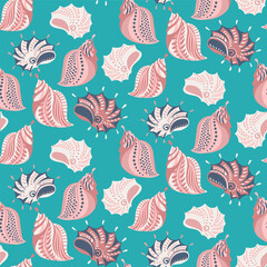 Trendy Sea seamless pattern with pastel seashells. Marine bright print.  Vector doodle hand drawn sketch. Retro summer background. Design for fashion, textile, fabric, wallpaper