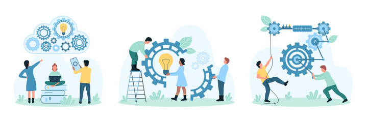 Work with digital business projects set vector illustration. Cartoon tiny people turn gears and wheels of factory mechanism system, connect light bulb to cogwheel to improve data configuration - obrazy, fototapety, plakaty