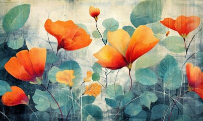 Grunge style beautiful, colorful, abstract art. Paper texture. Colorful painting. Watercolor background with flowers and plants, Generative AI
