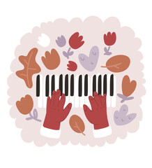 Kid hands learning to play on the piano. Top view