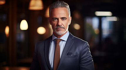Fototapeta premium A sharply dressed man with a friendly smile exudes confidence and professionalism in his crisp suit, complete with a stylish tie and glasses, showcasing his success as a white-collar businessperson