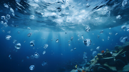 Naklejka na ściany i meble Plastic waste floating in the ocean, pollution in ocean, microplastics