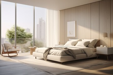 A sunlit bedroom with large windows, showcasing a minimalist design and a comfortable king-sized bed.