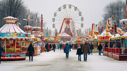 A winter carnival with colorful rides and attractions, AI Generative.
