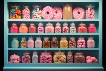 Window display of candy store. Assortment of marmalades, candies, sweets, jelly and sugar desserts.