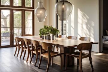 A sunlit dining room with a long wooden table, designer chairs, and a statement chandelier.