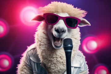 Stylish sheep superstar sings into the microphone on stage, neon background. 