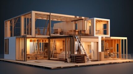 Modular Building Construction: 3D Rendering of Workshop Assembly with Wooden Walls for Industry and Business Montage - obrazy, fototapety, plakaty