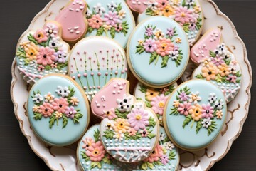 Fototapeta na wymiar Easter Sugar Cookies Decorated with Royal Icing - Delicious Glazed Desserts for Your Sweet Tooth