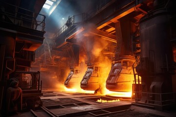 Hot Sparks Flying in Industrial Electric Arc Furnace Foundry Workshop for Metal Casting and Manufacturing Production