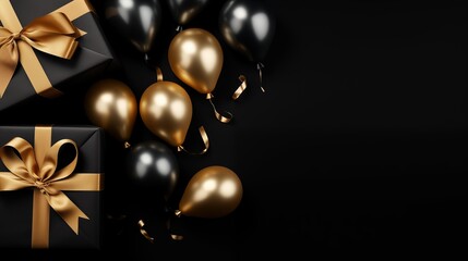 Fototapeta na wymiar Gifts, balloons and Confetti sparkles on black background