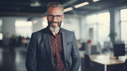Successful CEO man standing in an office. Portrait of a cheerful confident businessman. AI generated. - obrazy, fototapety, plakaty
