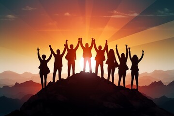 Fototapeta premium Silhouette of teamwork success victory on top mountain, Business success teamwork concept 