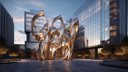 A contemporary, upscale office complex, its exterior adorned with artistic metalwork and abstract sculptures that make it a standout in the cityscape - obrazy, fototapety, plakaty