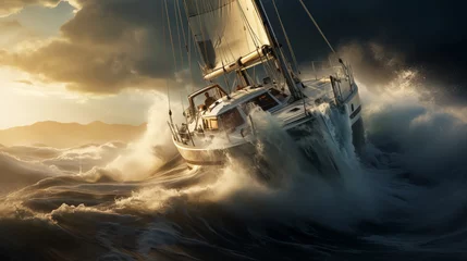Tuinposter Dramatic photo of An ultra-modern ocean yacht through the waves in a storm on a raging ocean © mikhailberkut