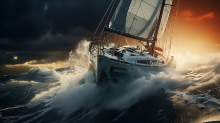 Dramatic photo of An ultra-modern ocean yacht through the waves in a storm on a raging ocean - obrazy, fototapety, plakaty