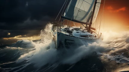 Zelfklevend Fotobehang Dramatic photo of An ultra-modern ocean yacht through the waves in a storm on a raging ocean © mikhailberkut