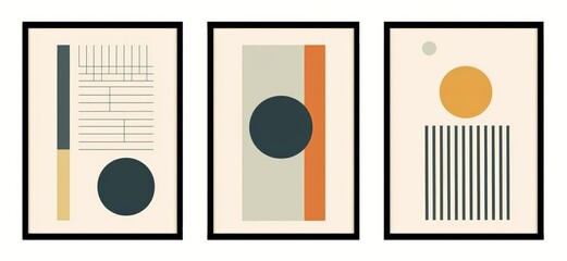 Set of minimal 20s geometric design posters, template with primitive shapes elements, Generative AI