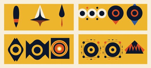 Set of minimal 20s geometric designs with eyes, template with primitive shapes elements, Generative AI