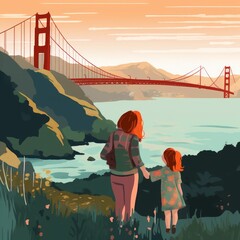 Mother holding daughter on nature landscape background. Family outdoor time concept. Family trip to San Francisco, Golden Gate. Flat  illustration, good for card, poster, magazines, web, Generative AI - obrazy, fototapety, plakaty