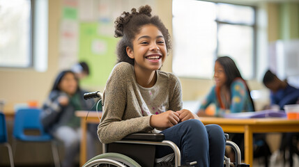 Smiling disabled child on a wheelchair in classroom - obrazy, fototapety, plakaty
