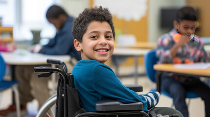 Smiling disabled child on a wheelchair in classroom