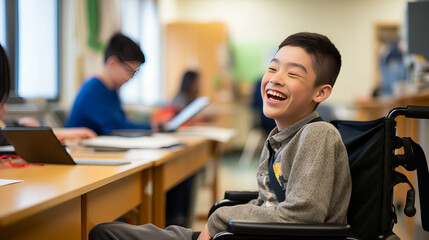 Smiling disabled child on a wheelchair in classroom - obrazy, fototapety, plakaty