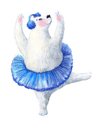 A cute tutu-clad polar bear dancing. Isolated