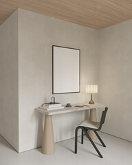 Japandi home office interior design with desk , chair and empty poster frame , mock up , 3d rendering