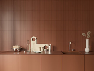 Modern terracotta kitchen close up design with sink and decor , background tiles , 3d rendering