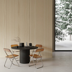 Modern Scandinavian dining room design with table , chairs , wooden walls and window view on snowy trees , 3d rendering