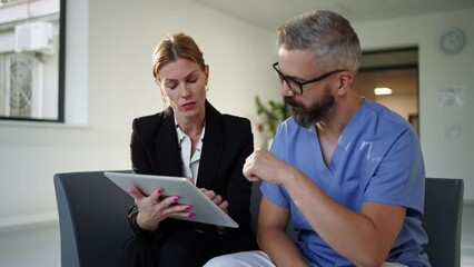 Pharmaceutical sales representative talking with doctor in medical building. Ambitious hospital director consulting with healtcare staff. Woman business leader.
