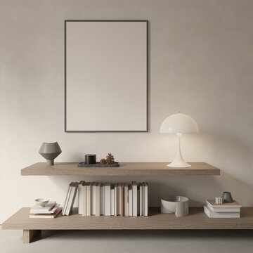 Japandi shelf design with decor , lamp and empty poster frame , mock up interior , 3d rendering