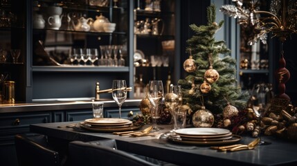 Fototapeta na wymiar Dark kitchen interior with Christmas decoration