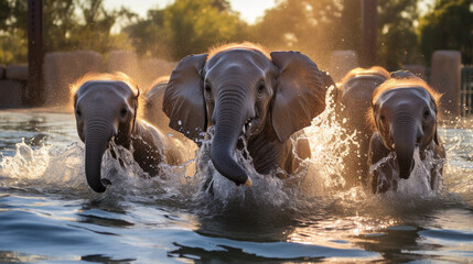 Elephant Playtime with Water Jets: A playful group of elephants interacting with gentle water jets, displaying pure joy in their aquatic playground.
