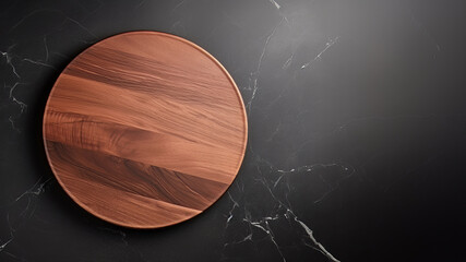 Top view on a blank round wooden cutting board on a black marble kitchen tabletop. Mock up, copy space