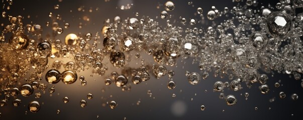 Abstract background of silver and gold shiny shimmering bubbles falling from top to bottom. Concept: festive and opulent atmosphere, party, glamorous event. Ultra-wide panoramic banner