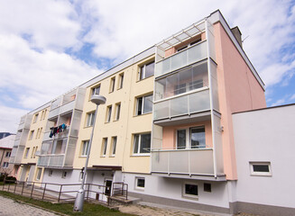 Communist style concrete block of flats apartment house. Czech republic formerly Czechoslovakia.