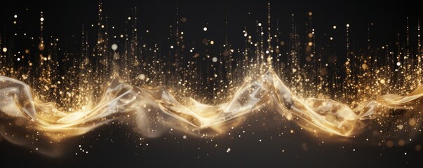 Abstract background of silver and gold shiny shimmering particles falling from top to bottom. Concept: festive and opulent atmosphere, party, glamorous event. Ultra-wide panoramic banner