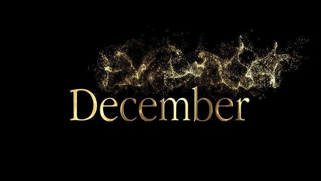 Month name December in golden letters with particles, alpha channel