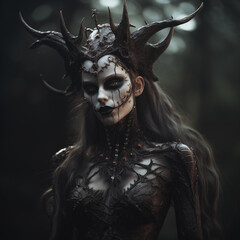Dark witch with horns with pale face generative ai